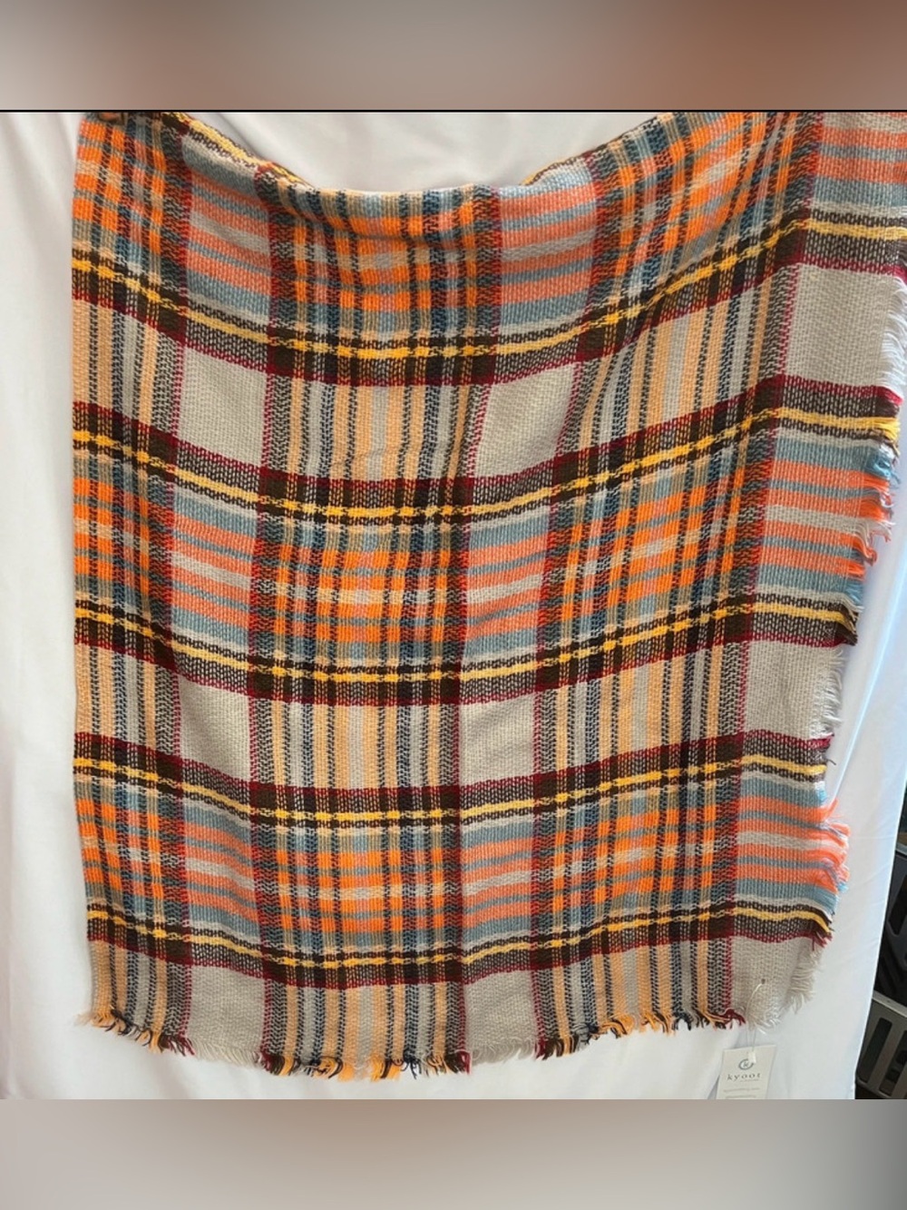 NWT Kyoot Klothing Plaid Blanket Scarf Orange Grey Tartan Scarf Size 58” X 57”